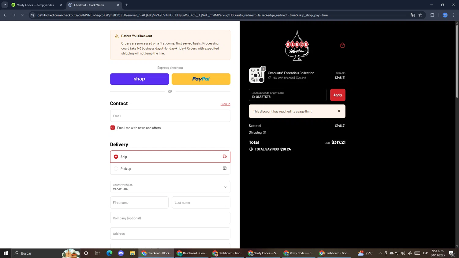 Klock Werks discount code screenshot showing code 10-Q6Z8T5T8 applied at Klock Werks checkout page. Uploaded by SimplyCodes community member RoyalExpert3857 on Nov 30, 2025