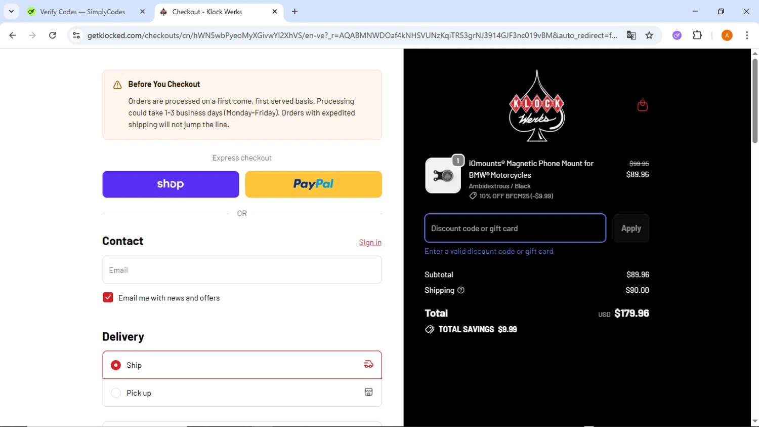 Klock Werks discount code screenshot showing code 10%OFF applied at Klock Werks checkout page. Uploaded by SimplyCodes community member ThriftyMaverick437 on Dec 1, 2025