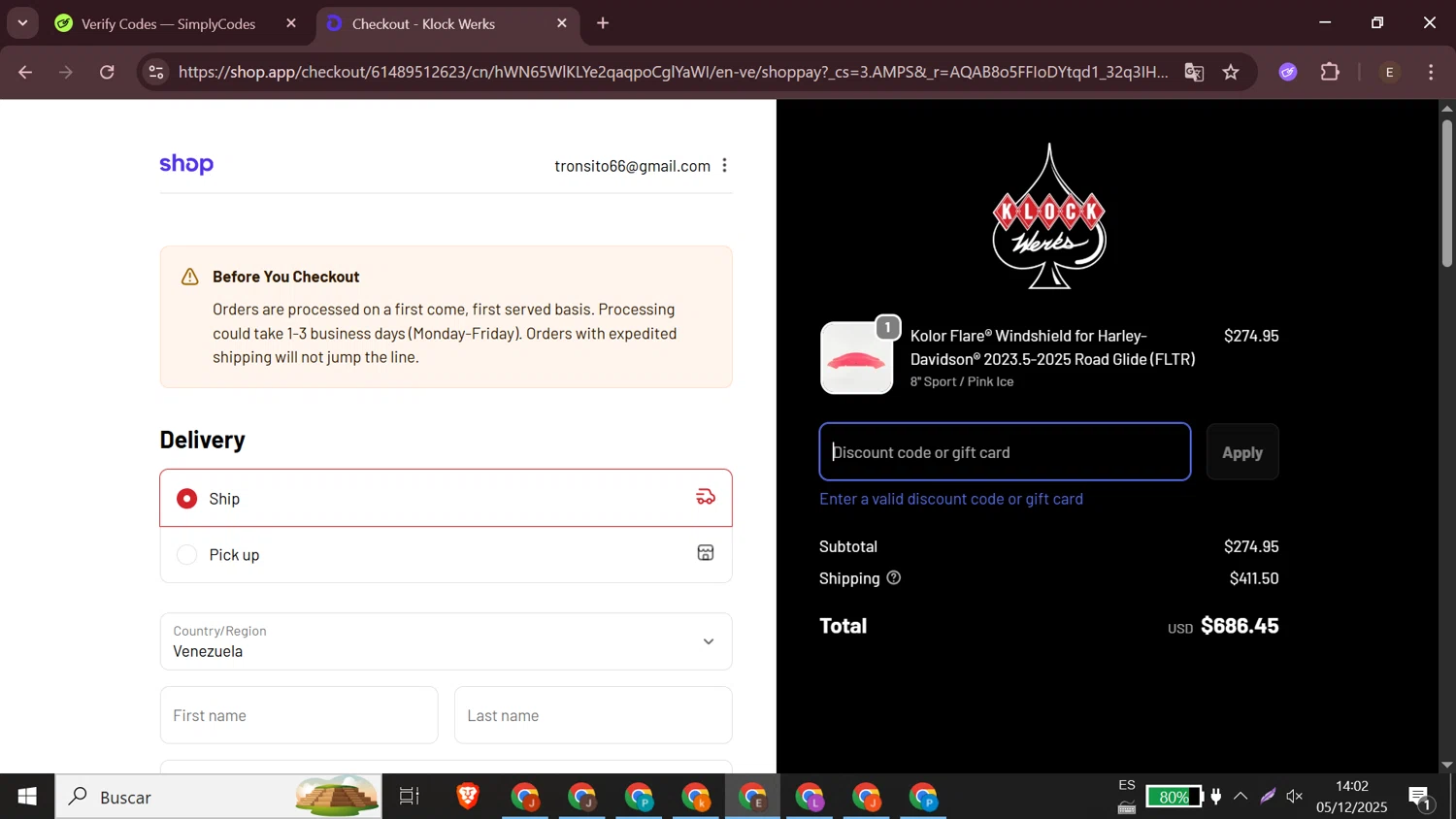 Klock Werks discount code screenshot showing code 10%OFF applied at Klock Werks checkout page. Uploaded by SimplyCodes community member elizabethjames on Dec 5, 2025