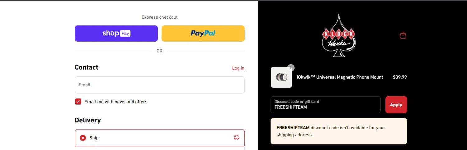 Klock Werks discount code screenshot showing code FREESHIPTEAM applied at Klock Werks checkout page. Uploaded by SimplyCodes community member ashe1986 on Jul 9, 2025