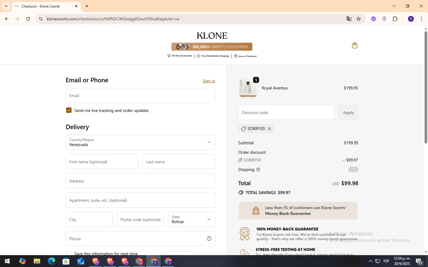 Klone Scents discount code screenshot showing code SORRY50 applied at Klone Scents checkout page. Uploaded by SimplyCodes community member NobleFox9153 on Sep 20, 2025