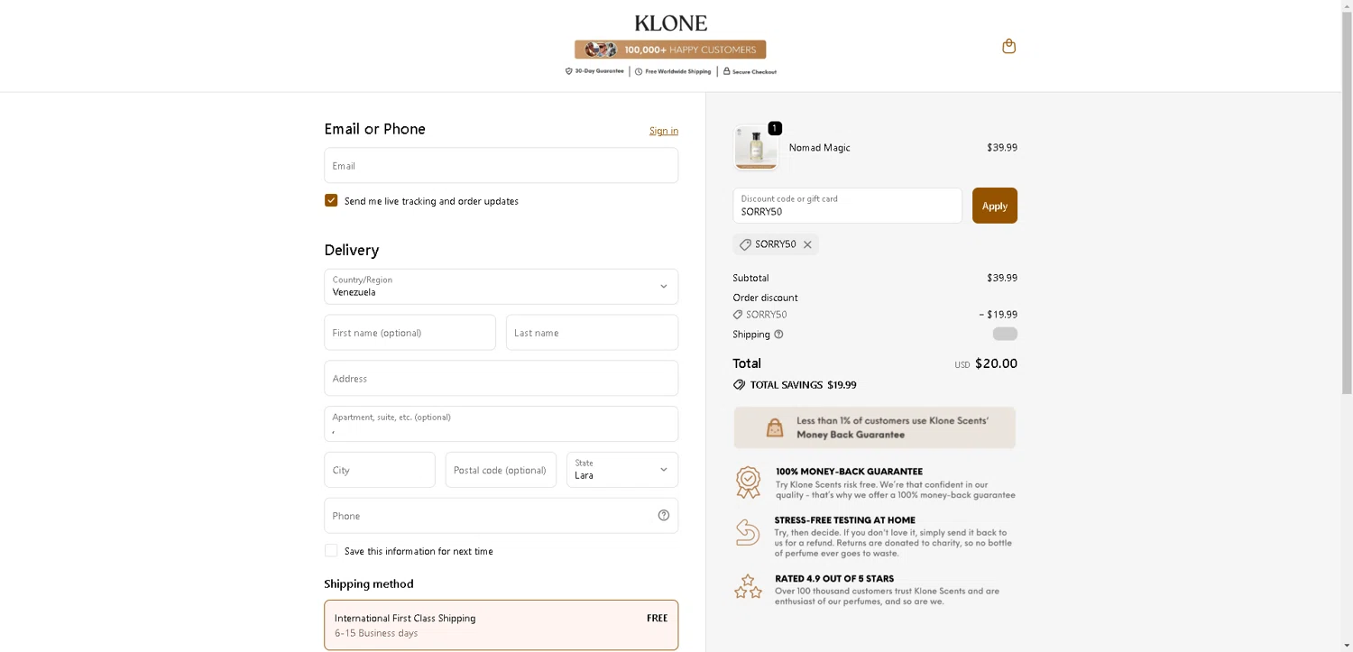 Klone Scents discount code screenshot showing code SORRY50 applied at Klone Scents checkout page. Uploaded by SimplyCodes community member ValueWarden2887 on Nov 10, 2025