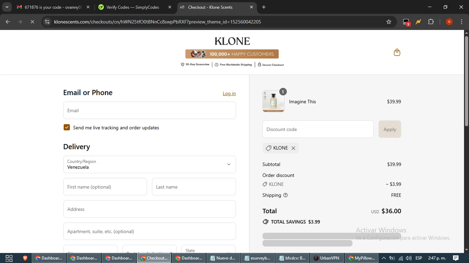 Klone Scents discount code screenshot showing code KLONE applied at Klone Scents checkout page. Uploaded by SimplyCodes community member WiseTracker2171 on Aug 22, 2025