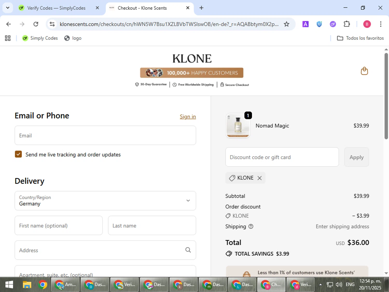 Klone Scents discount code screenshot showing code KLONE applied at Klone Scents checkout page. Uploaded by SimplyCodes community member bombontropical on Nov 20, 2025