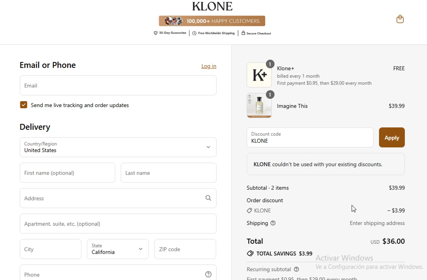 Klone Scents discount code screenshot showing code KLONE applied at Klone Scents checkout page. Uploaded by SimplyCodes community member ligthYA on Aug 22, 2025