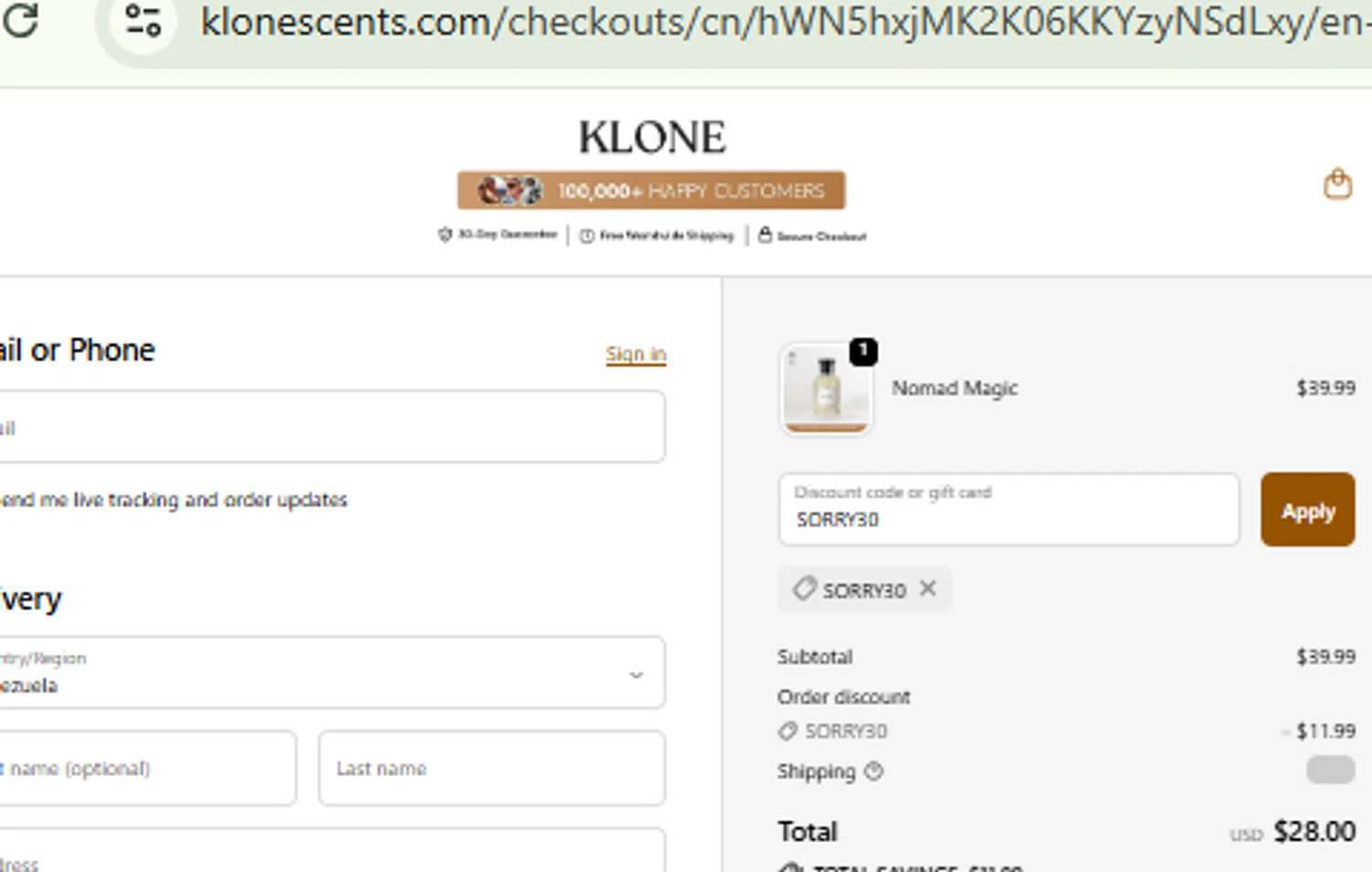 Klone Scents discount code screenshot showing code SORRY30 applied at Klone Scents checkout page. Uploaded by SimplyCodes community member CashMaestro9337 on Nov 25, 2025