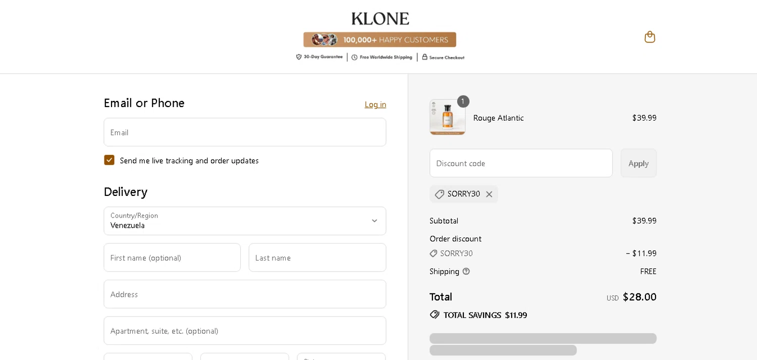 Klone Scents discount code screenshot showing code SORRY30 applied at Klone Scents checkout page. Uploaded by SimplyCodes community member xHRxUltrax on Aug 6, 2025