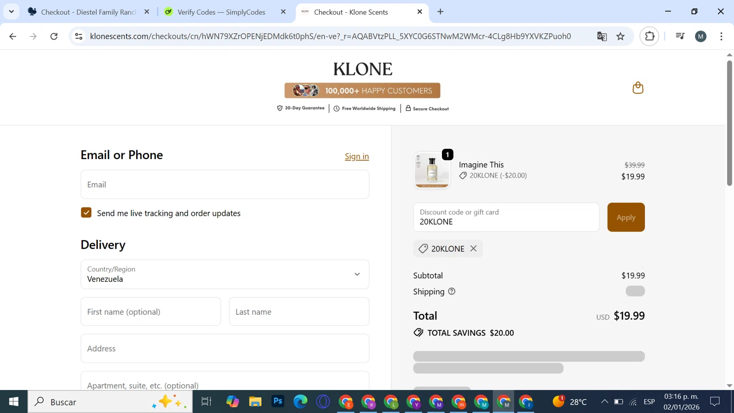 Klone Scents discount code screenshot showing code 20KLONE applied at Klone Scents checkout page. Uploaded by SimplyCodes community member FrugalExpert7197 on Jan 2, 2026