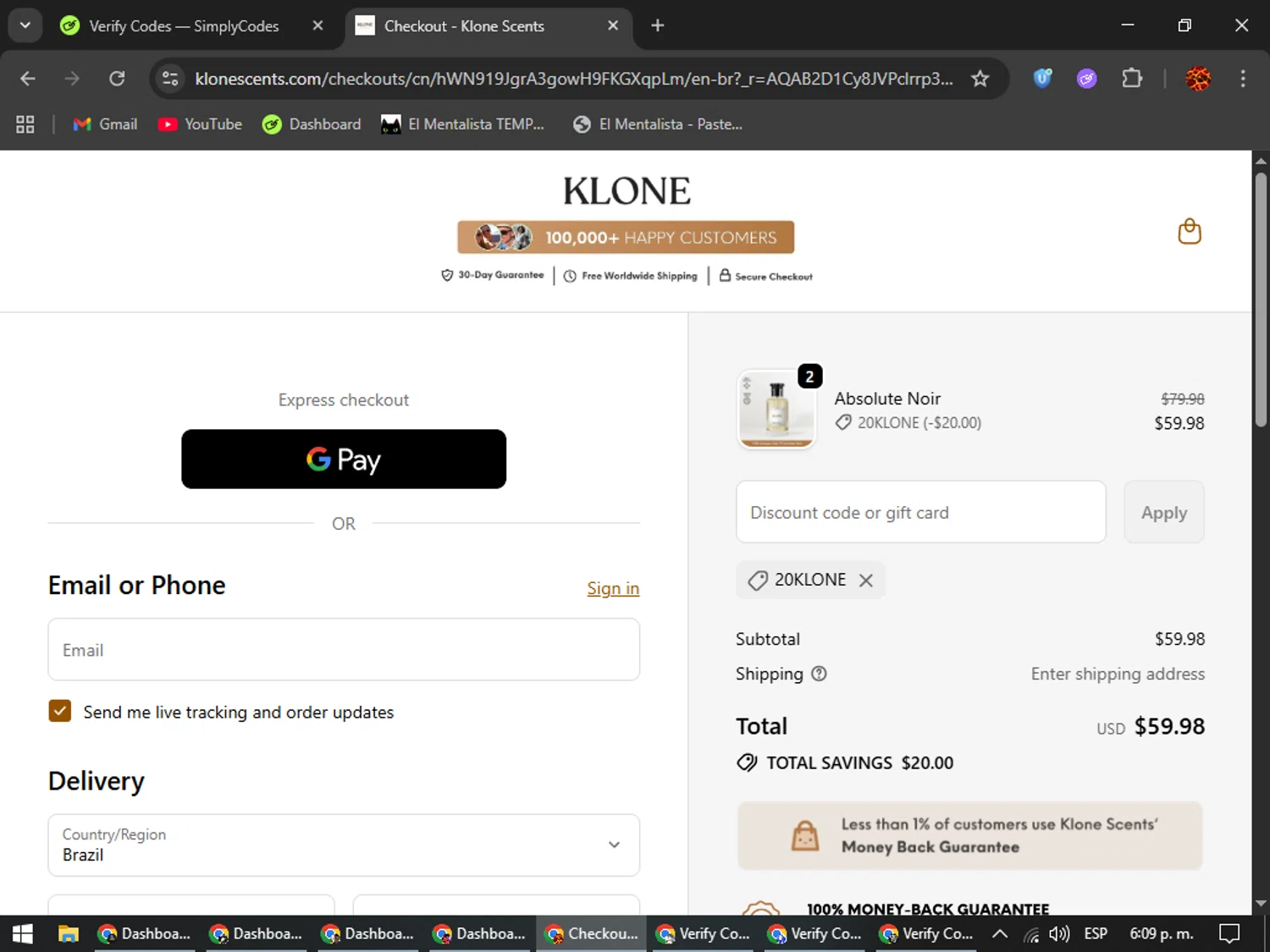 Klone Scents checkout page showing Klone Scents discount code box | Screenshot taken by SimplyCodes community member on Feb 20, 2026