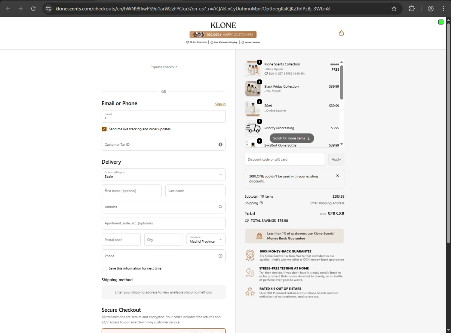 Klone Scents discount code screenshot showing code 20KLONE applied at Klone Scents checkout page. Uploaded by SimplyCodes community member gokuyvegetta on Feb 24, 2026