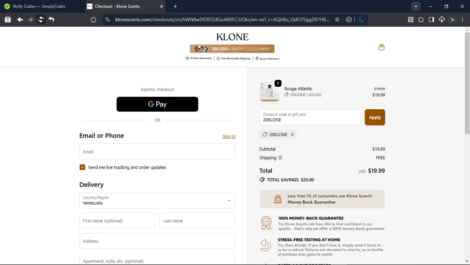 Klone Scents discount code screenshot showing code 20KLONE applied at Klone Scents checkout page. Uploaded by SimplyCodes community member userrandon on Feb 18, 2026