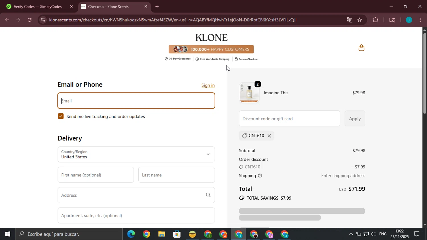 Klone Scents discount code screenshot showing code CNT610 applied at Klone Scents checkout page. Uploaded by SimplyCodes community member juanjo2 on Nov 25, 2025