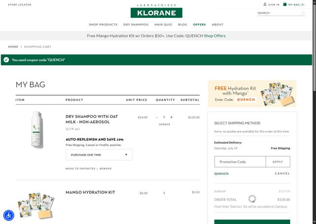 Klorane checkout page showing Klorane promo code box | Screenshot taken by SimplyCodes community member on Jul 13, 2025