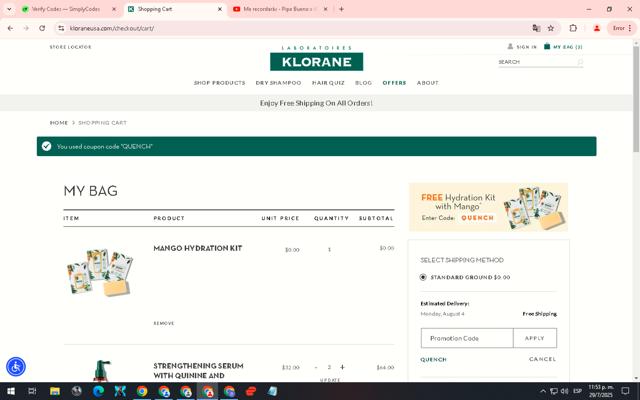 Klorane checkout page showing Klorane promo code box | Screenshot taken by SimplyCodes community member on Jul 30, 2025