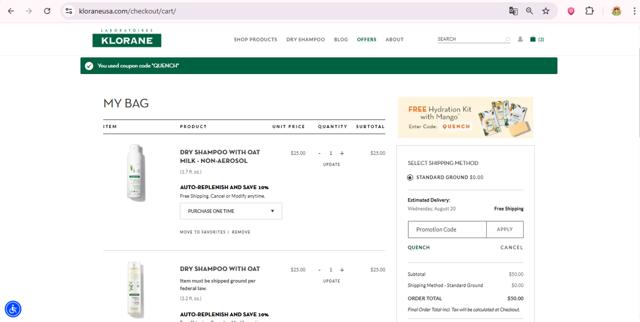Klorane checkout page showing Klorane promo code box | Screenshot taken by SimplyCodes community member on Aug 15, 2025