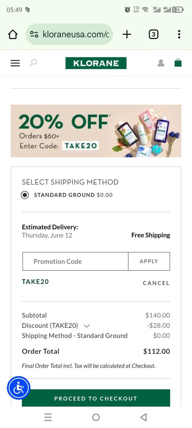 Klorane checkout page showing Klorane promo code box | Screenshot taken by SimplyCodes community member on Jun 5, 2025