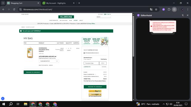 Klorane checkout page showing Klorane promo code box | Screenshot taken by SimplyCodes community member on Aug 26, 2025