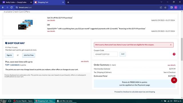 Kmart checkout page showing Kmart promo code box | Screenshot taken by SimplyCodes community member on Jun 18, 2023