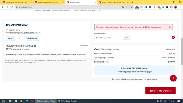 Kmart checkout page showing Kmart promo code box | Screenshot taken by SimplyCodes community member on Jun 25, 2023