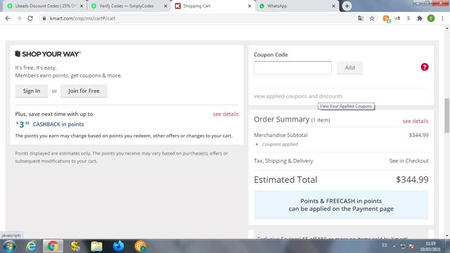 Kmart checkout page showing Kmart promo code box | Screenshot taken by SimplyCodes community member on Mar 10, 2021