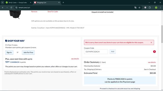 Kmart checkout page showing Kmart promo code box | Screenshot taken by SimplyCodes community member on Aug 9, 2024