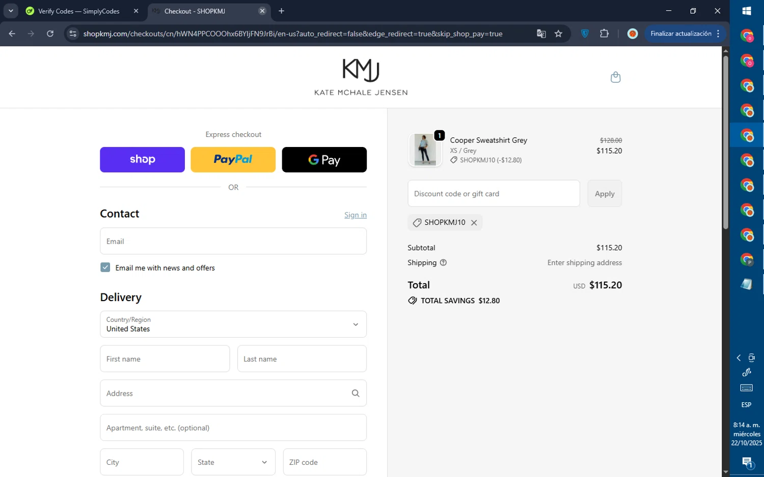 KMJ Kate McHale Jensen promo code screenshot showing code SHOPKMJ10 applied at KMJ Kate McHale Jensen checkout page. Uploaded by SimplyCodes community member GoldPilot5958 on Oct 22, 2025