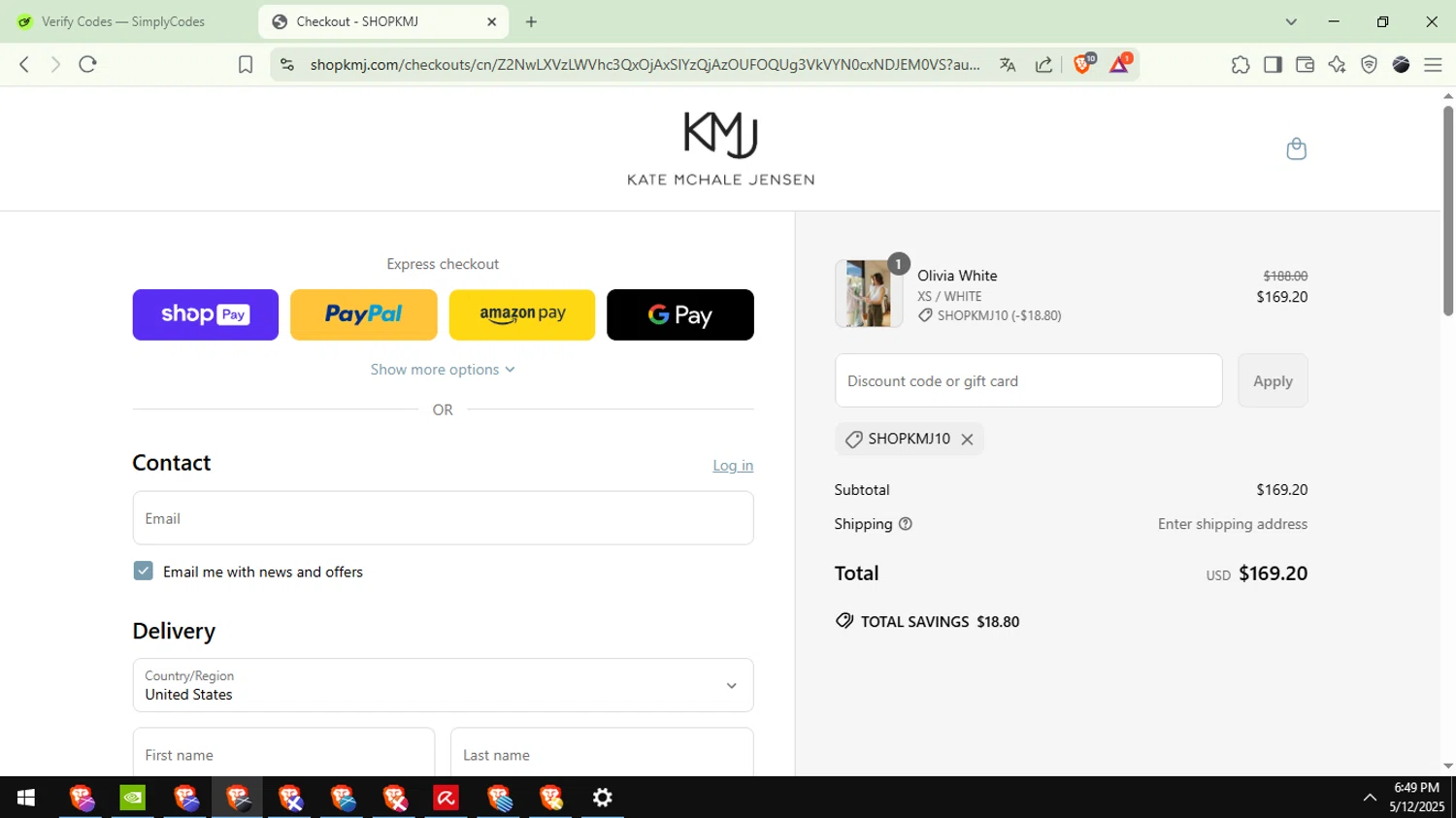 KMJ Kate McHale Jensen promo code screenshot showing code SHOPKMJ10 applied at KMJ Kate McHale Jensen checkout page. Uploaded by SimplyCodes community member EpicTiger6039 on May 12, 2025