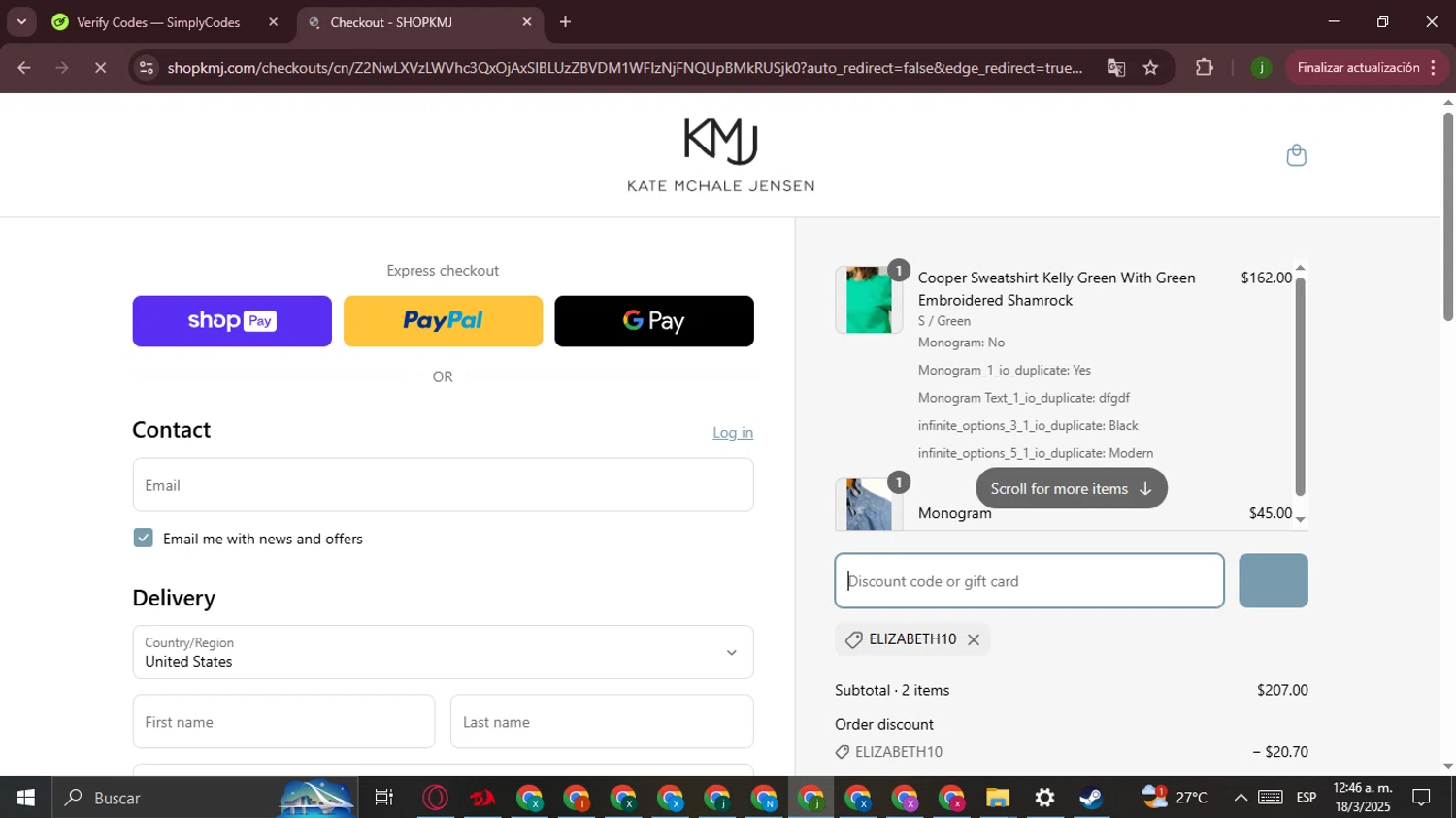 KMJ Kate McHale Jensen promo code screenshot showing code ELIZABETH10 applied at KMJ Kate McHale Jensen checkout page. Uploaded by SimplyCodes community member Ferrari on Mar 18, 2025