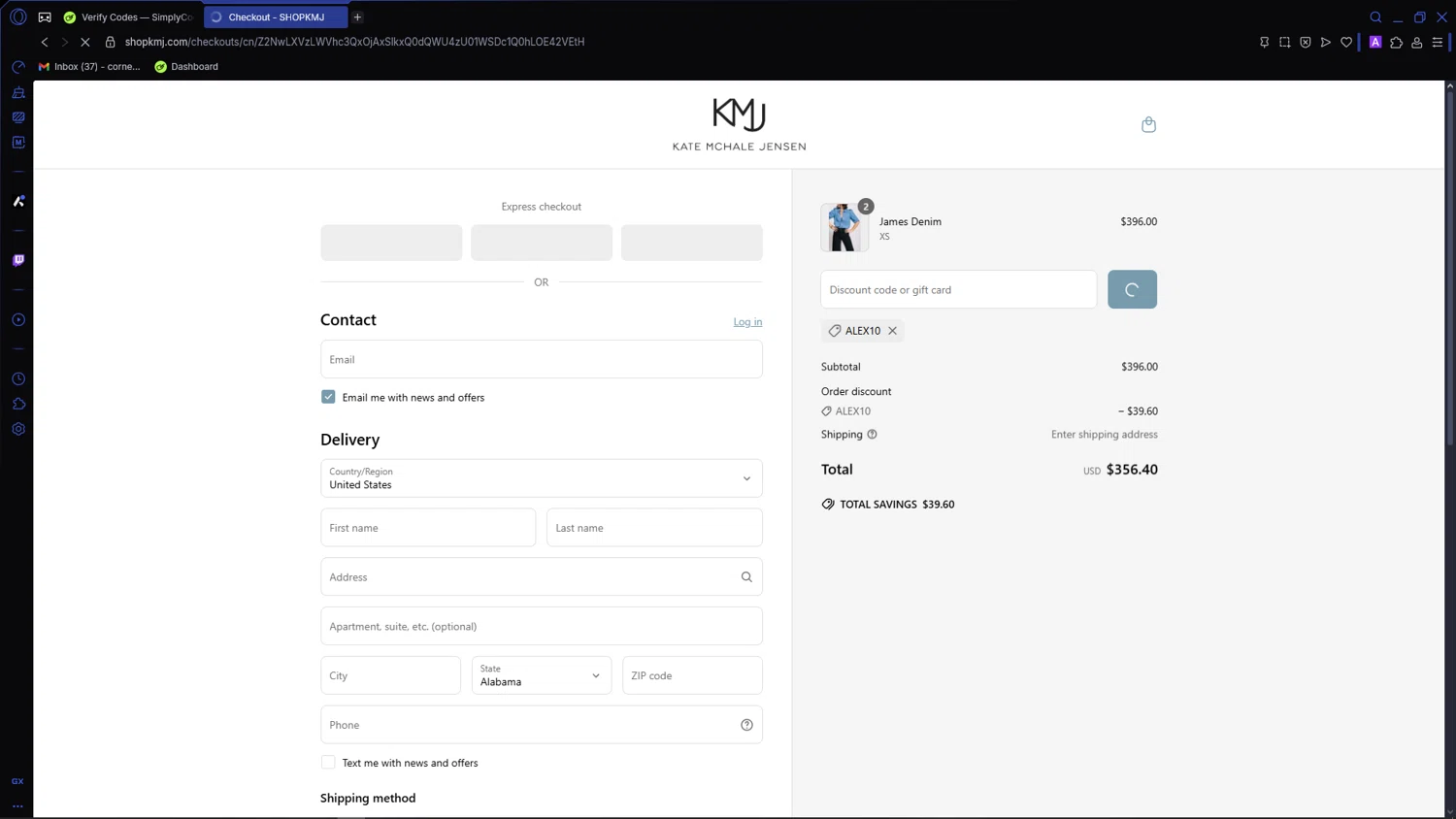 KMJ Kate McHale Jensen promo code screenshot showing code alex10 applied at KMJ Kate McHale Jensen checkout page. Uploaded by SimplyCodes community member VictoriousCaptain3902 on Jun 18, 2025