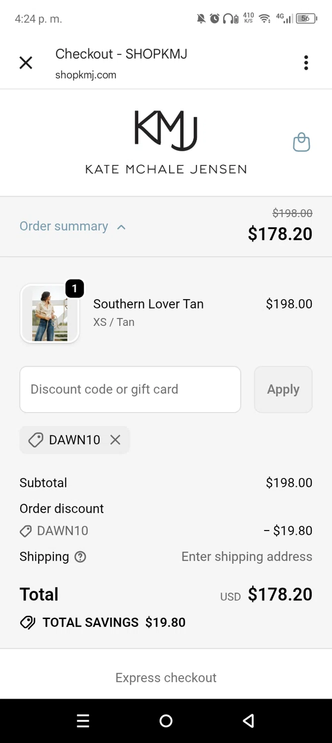 KMJ Kate McHale Jensen promo code screenshot showing code dawn10 applied at KMJ Kate McHale Jensen checkout page. Uploaded by SimplyCodes community member leiraM on Oct 26, 2025