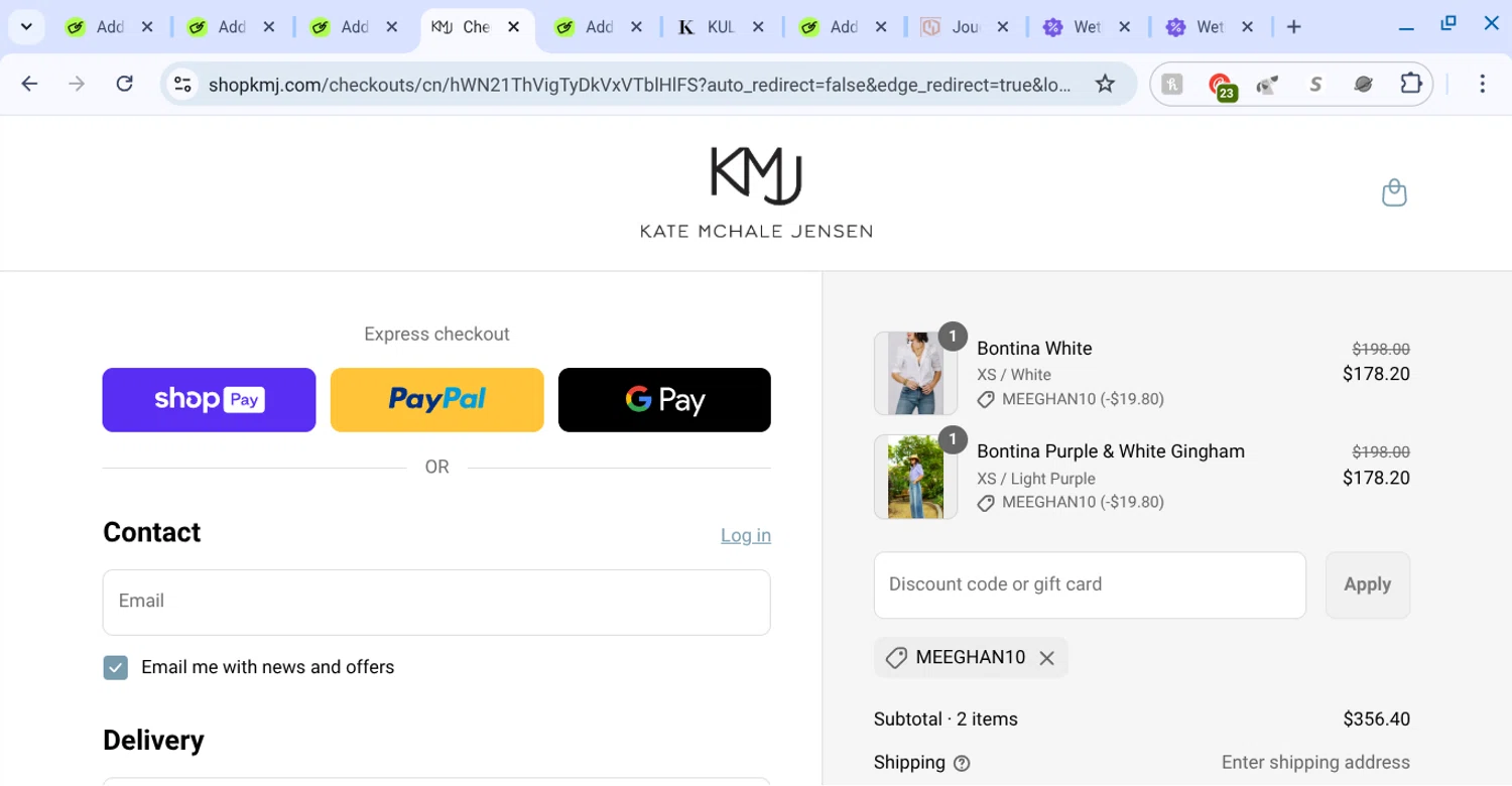 KMJ Kate McHale Jensen promo code screenshot showing code meeghan10 applied at KMJ Kate McHale Jensen checkout page. Uploaded by SimplyCodes community member KarinaHZ on Aug 23, 2025