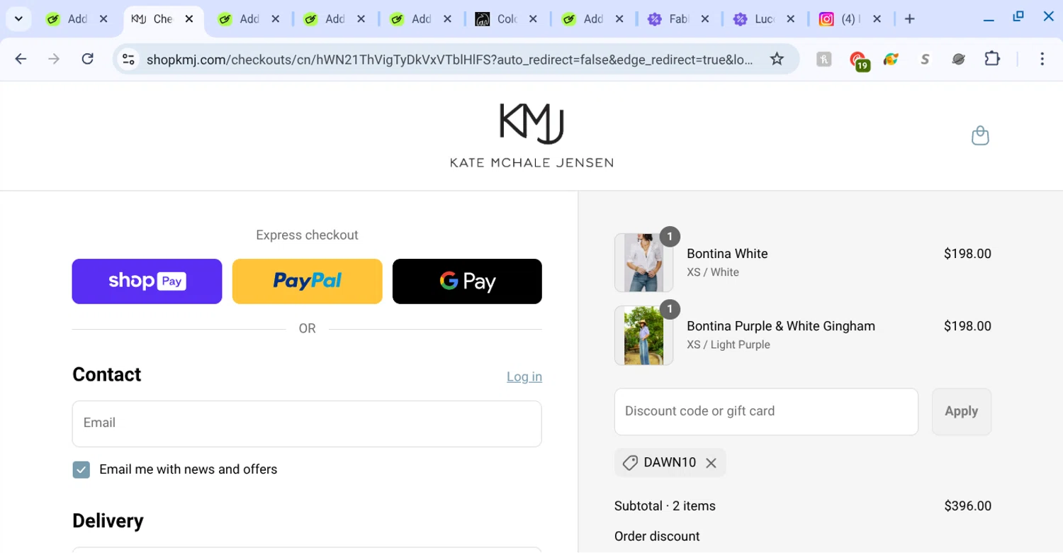 KMJ Kate McHale Jensen promo code screenshot showing code dawn10 applied at KMJ Kate McHale Jensen checkout page. Uploaded by SimplyCodes community member KarinaHZ on Aug 20, 2025