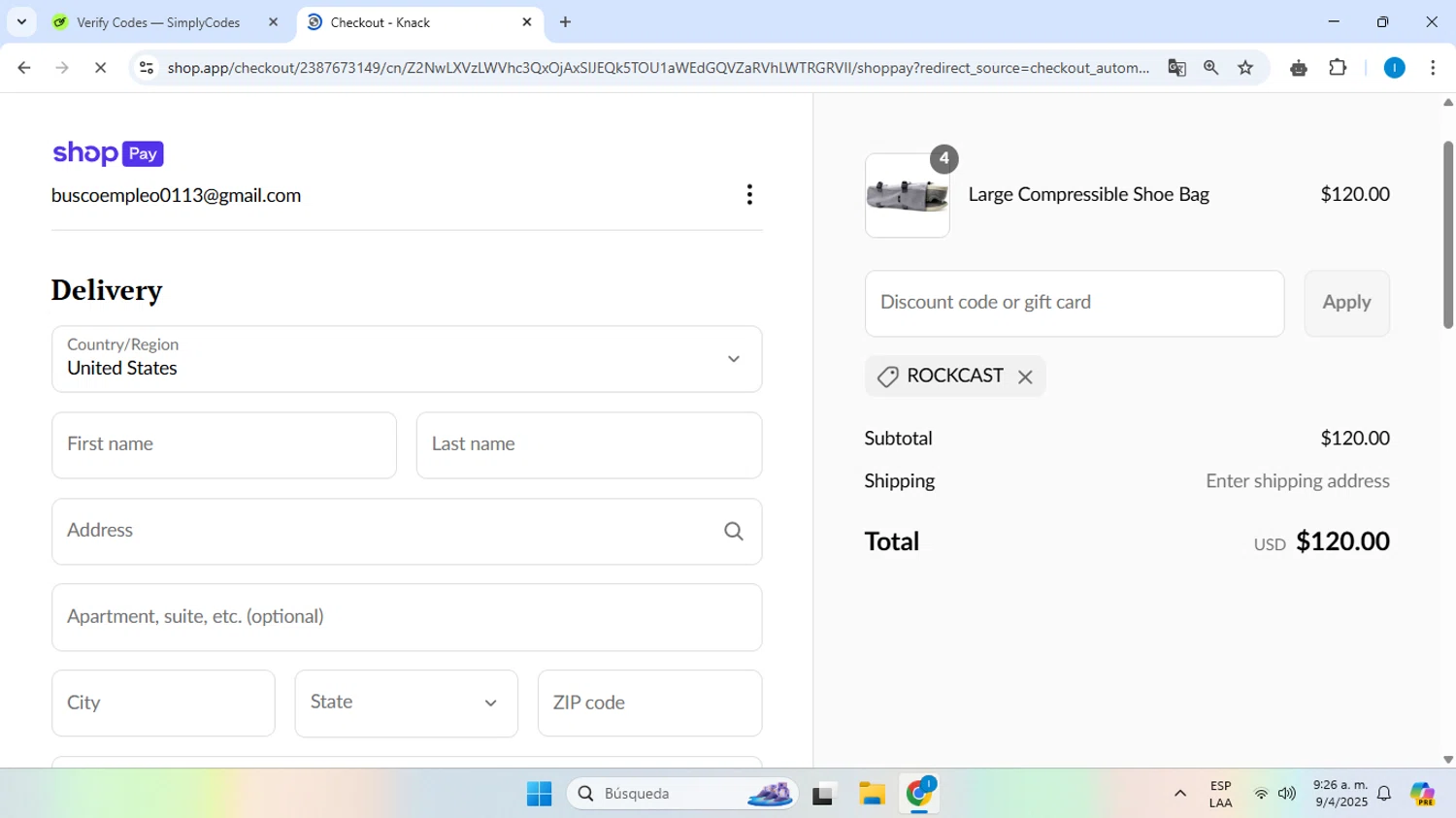 Knack Bags promo code screenshot showing code ROCKCAST applied at Knack Bags checkout page. Uploaded by SimplyCodes community member Derecksrob on Apr 9, 2025