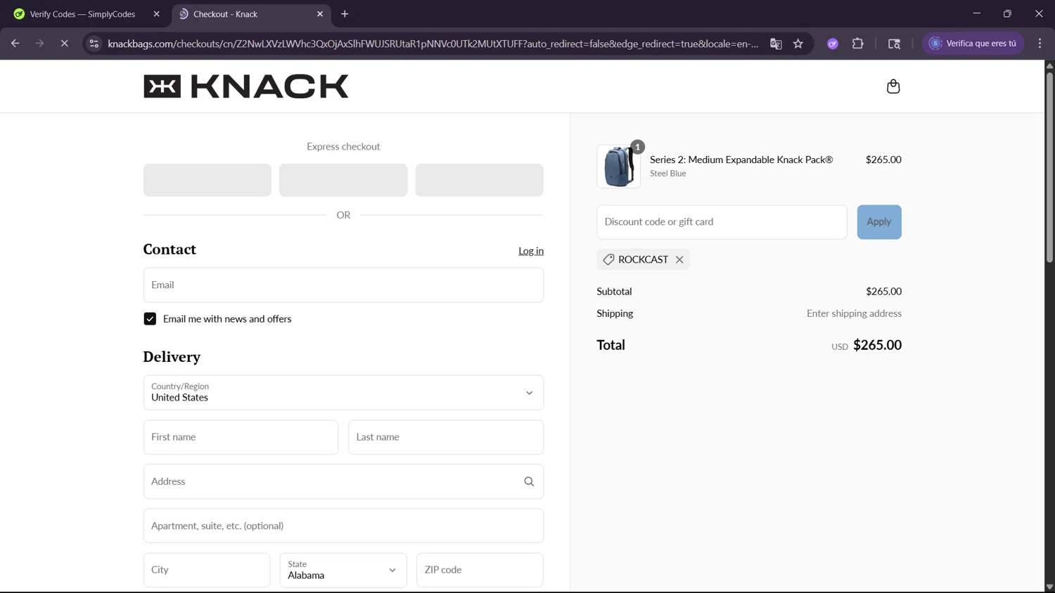 Knack Bags promo code screenshot showing code ROCKCAST applied at Knack Bags checkout page. Uploaded by SimplyCodes community member ExtraordinaryWhiz4519 on Jun 11, 2025