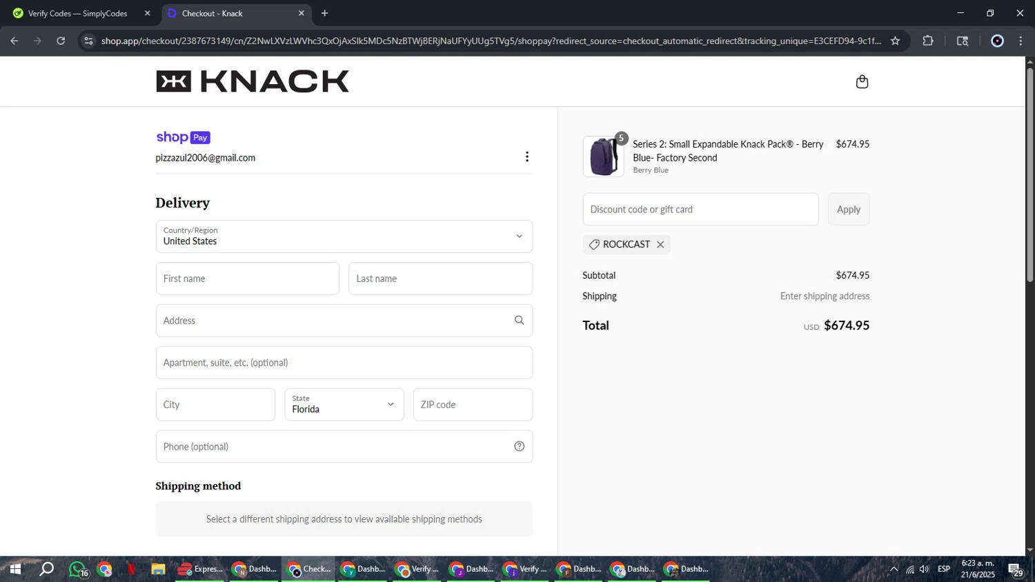 Knack Bags promo code screenshot showing code ROCKCAST applied at Knack Bags checkout page. Uploaded by SimplyCodes community member RoyalBoss4384 on Jun 21, 2025