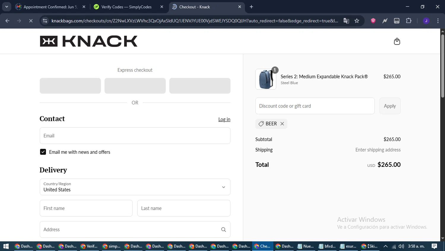 Knack Bags promo code screenshot showing code BEER applied at Knack Bags checkout page. Uploaded by SimplyCodes community member LegendaryLegend9872 on Jun 3, 2025