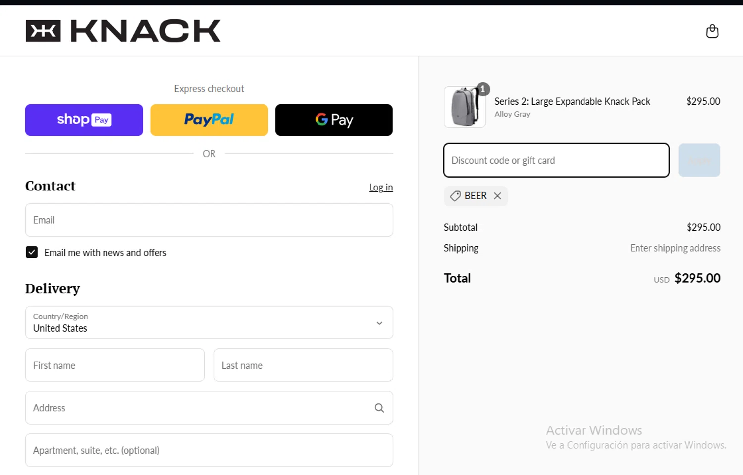 Knack Bags promo code screenshot showing code BEER applied at Knack Bags checkout page. Uploaded by SimplyCodes community member Lestara_23 on Mar 15, 2025
