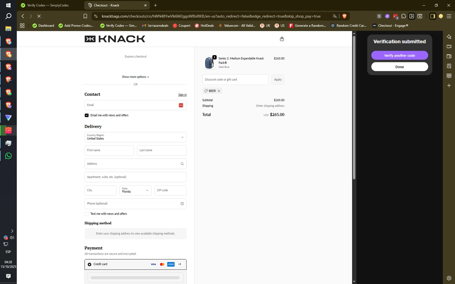 Knack Bags promo code screenshot showing code BEER applied at Knack Bags checkout page. Uploaded by SimplyCodes community member ilarrazaM6 on Oct 15, 2025