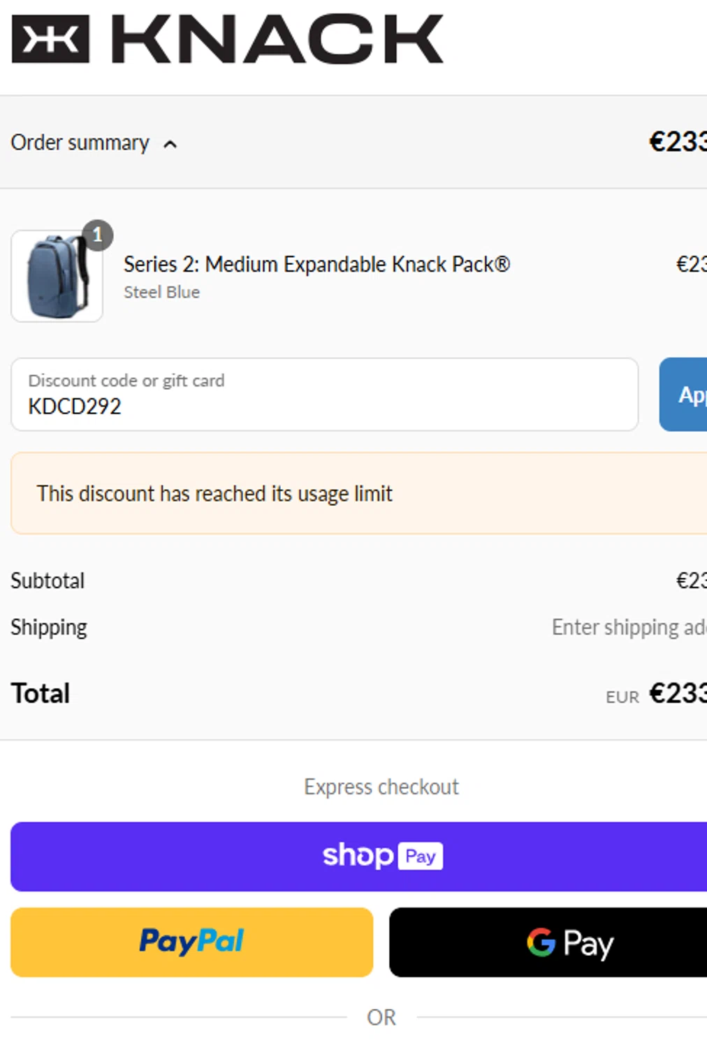 Knack Bags promo code screenshot showing code KDCD292 applied at Knack Bags checkout page. Uploaded by SimplyCodes community member MrWolf on Jun 13, 2025