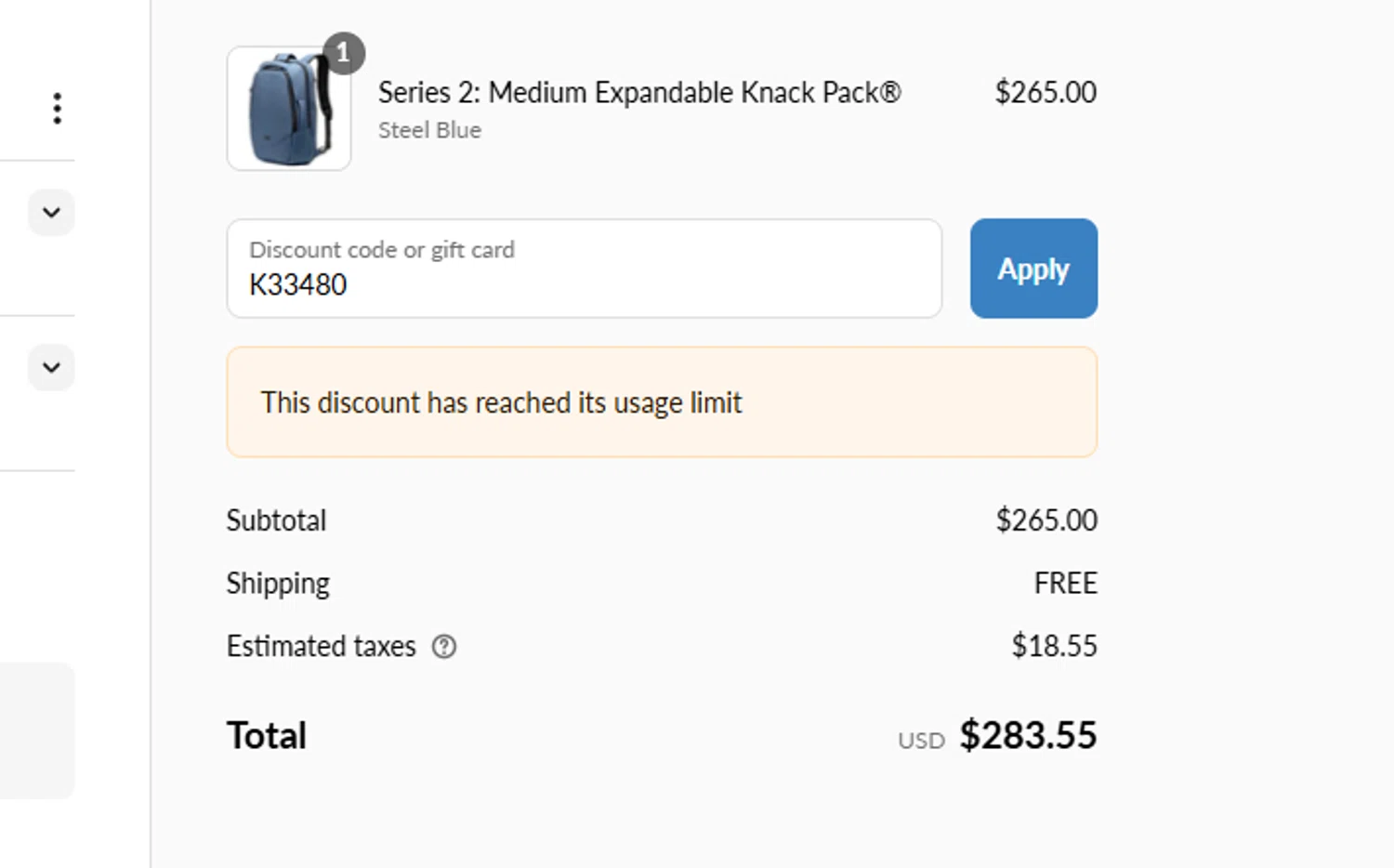 Knack Bags promo code screenshot showing code K33480 applied at Knack Bags checkout page. Uploaded by SimplyCodes community member DealOwl9228 on Jun 16, 2025