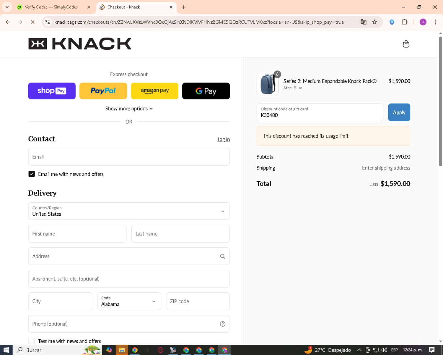 Knack Bags promo code screenshot showing code K33480 applied at Knack Bags checkout page. Uploaded by SimplyCodes community member DiscountWhiz9843 on Jun 16, 2025