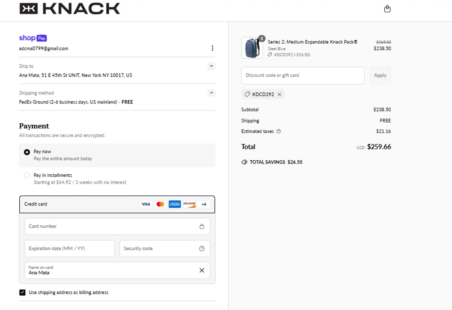 Knack Bags promo code screenshot showing code KDCD292 applied at Knack Bags checkout page. Uploaded by SimplyCodes community member peachee on May 6, 2025