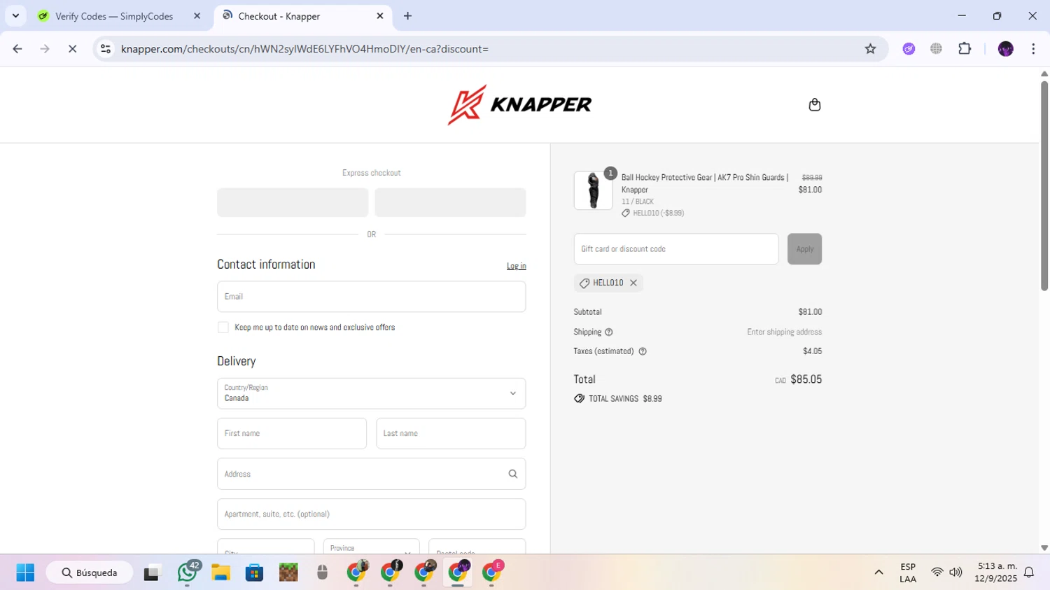 Knapper discount code screenshot showing code HELLO10 applied at Knapper checkout page. Uploaded by SimplyCodes community member GloriousGuardian9063 on Sep 12, 2025