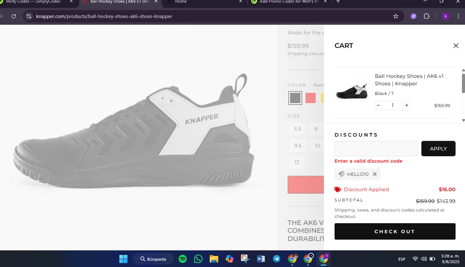 Knapper discount code screenshot showing code HELLO10 applied at Knapper checkout page. Uploaded by SimplyCodes community member Lamadama on Aug 9, 2025