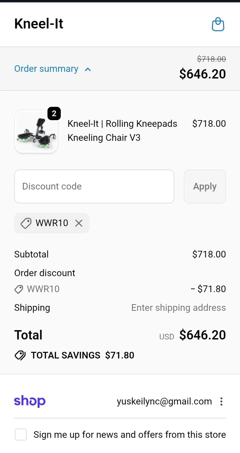 Kneel-It promo code screenshot showing code WWR10 applied at Kneel-It checkout page. Uploaded by SimplyCodes community member Yuskeilyn20 on Feb 15, 2026