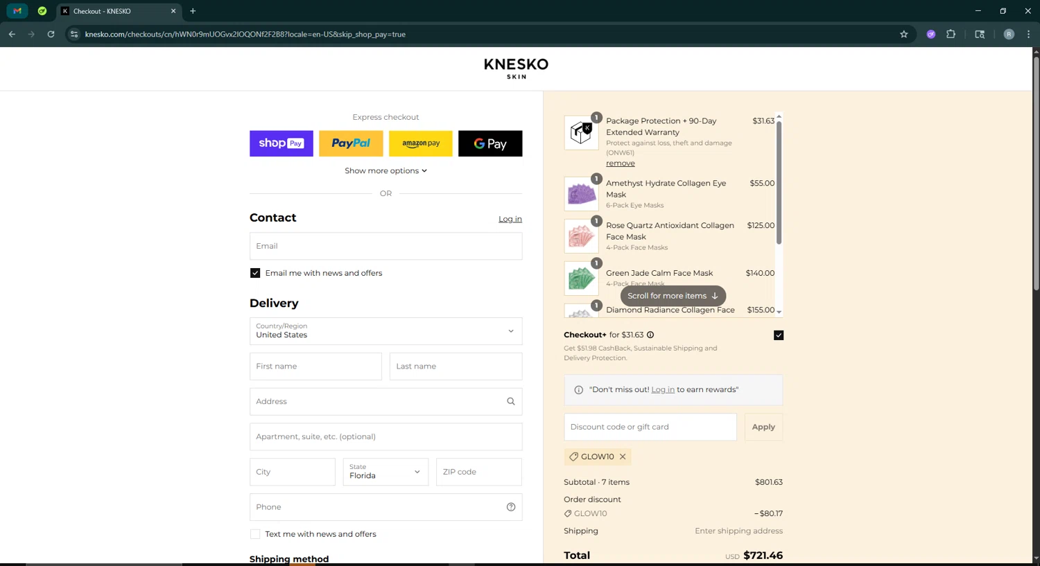 Knesko Skin promo code screenshot showing code GLOW10 applied at Knesko Skin checkout page. Uploaded by SimplyCodes community member PrimeWhiz5416 on Jul 20, 2025