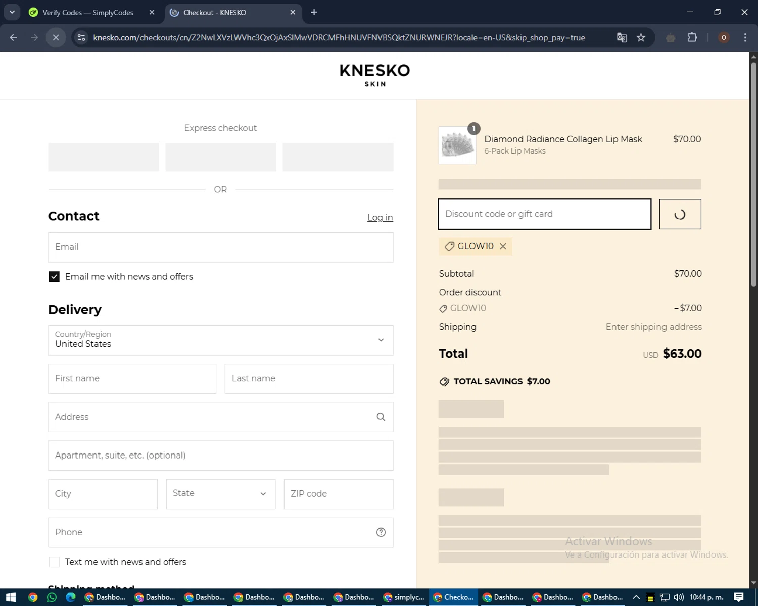 Knesko Skin promo code screenshot showing code GLOW10 applied at Knesko Skin checkout page. Uploaded by SimplyCodes community member LegendaryAdmiral8649 on Apr 17, 2025