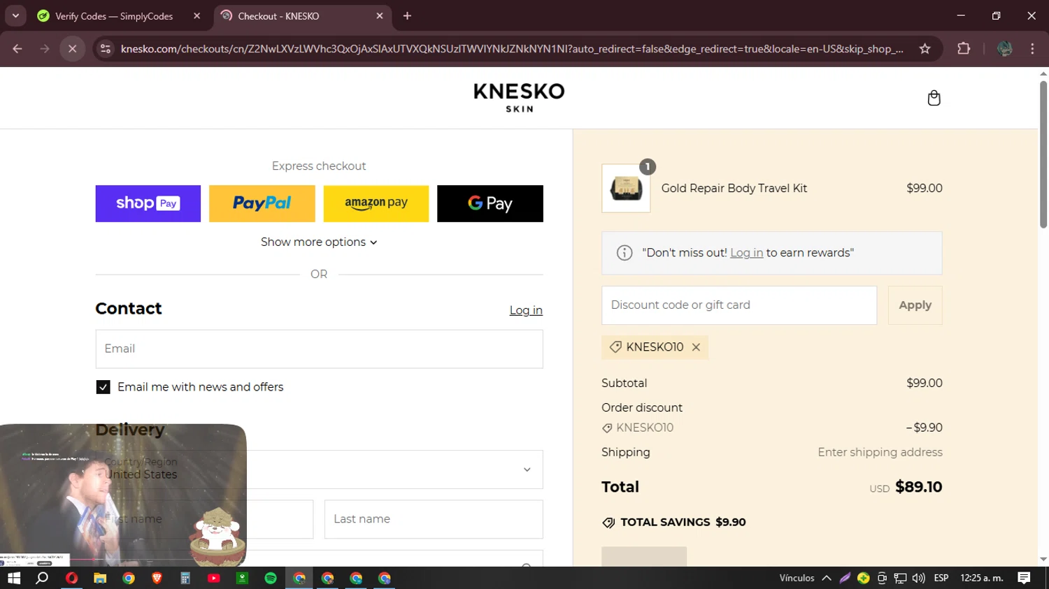 Knesko Skin promo code screenshot showing code Knesko10 applied at Knesko Skin checkout page. Uploaded by SimplyCodes community member Mr_Allighieri on Mar 11, 2025