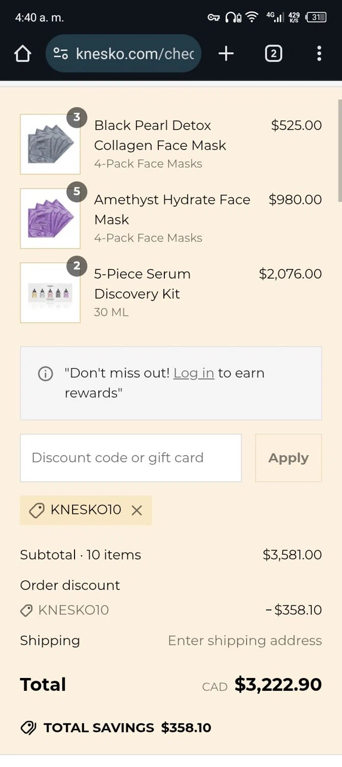 Knesko Skin promo code screenshot showing code Knesko10 applied at Knesko Skin checkout page. Uploaded by SimplyCodes community member Rafita on Jun 17, 2025