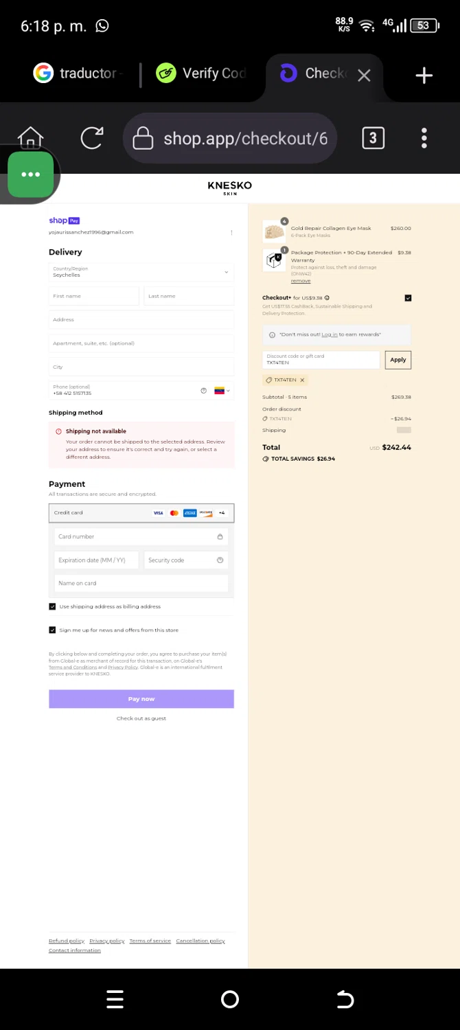 Knesko Skin promo code screenshot showing code TXT4TEN applied at Knesko Skin checkout page. Uploaded by SimplyCodes community member Sanchezcarol on Jul 20, 2025